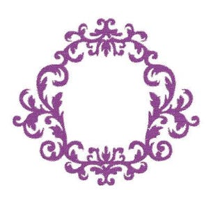 May include: A purple, ornate, symmetrical frame design. The frame features a repeating pattern of swirling leaves and floral elements, creating a decorative border. The design is set against a white background.