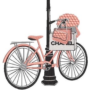 Diseño de bordado a máquina de bicicleta, bordado vintage, bordado de ramo, bordado de París, 8 tamaños, descarga instantánea, todos los formatos