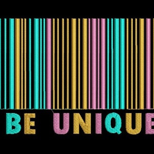 May include: A colourful barcode with the text "BE UNIQUE" underneath. The barcode is made up of vertical stripes in turquoise, gold, and pink.