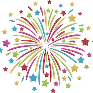 Peut inclure: Un motif de feu d'artifice coloré avec de nombreuses étoiles rouges, jaunes, bleues, vertes et roses.