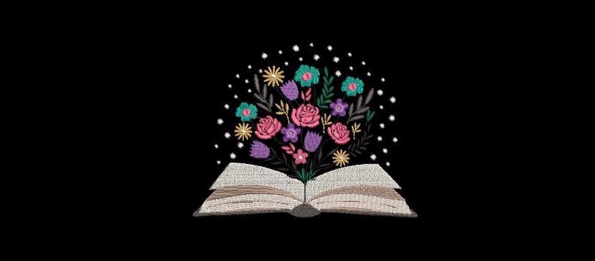 Flowers emerging from Book Embroidery Design, book lover embroidery, textbook floral Embroidery, instant access