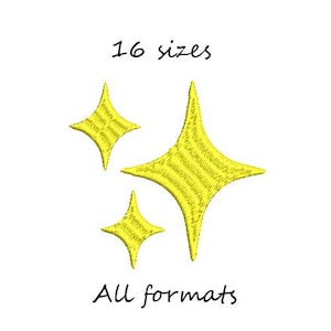 Puede incluir: Un diseño de bordado digital de tres estrellas amarillas, con el texto "16 tamaños" y "Todos los formatos" debajo de las estrellas.