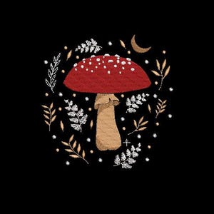 May include: A red and white mushroom with a brown stem surrounded by gold and white leaves and a crescent moon on a black background.