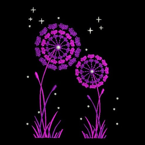 Flower Embroidery Design, Dandelion embroidery, pusteblume embroidery design, night embroidery, 3 Sizes, All Formats, pes brother file