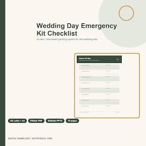 Wedding Day Emergency Kit Checklist | Getting Ready, Ceremony, Reception and Vendor Contacts | Fillable PDF