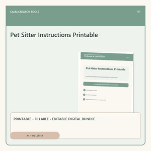 Könnte beinhalten: Ein digitales Dokument mit dem Titel Pet Sitter Instructions Printable in Salbeigrün und Creme. Die Seite enthält Abschnitte für Welcome & Quick Start, Gebrauchsanweisungen und den Hinweis, dass es sich um ein bearbeitbares Set handelt.