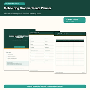 Mobile Dog Groomer Route Planner | Client Pet Profiles, Visit Schedule, Service Notes and Mileage Log | Fillable PDF
