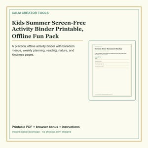 Könnte beinhalten: Ein digitaler, ausdruckbarer Aktivitätenordner mit dem Titel Kids Summer Screen-Free Activity Binder Printable, Offline Fun Pack. Das Dokument enthält Abschnitte für Langeweile-Menüs, Wochenplanung, Lesen, Natur und Freundlichkeit sowie ein Formular für Kinderinfos.