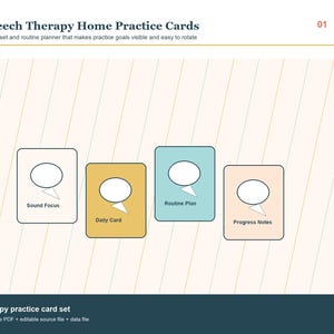 Könnte beinhalten: Ein Satz von Sprachtherapie-Übungskarten für zu Hause. Die Karten sind rechteckig mit abgerundeten Ecken und tragen die Textbezeichnungen: "Sound Focus", "Daily Card", "Routine Plan" und "Progress Notes". Der Hintergrund ist hellbeige mit diagonalen Streifen.