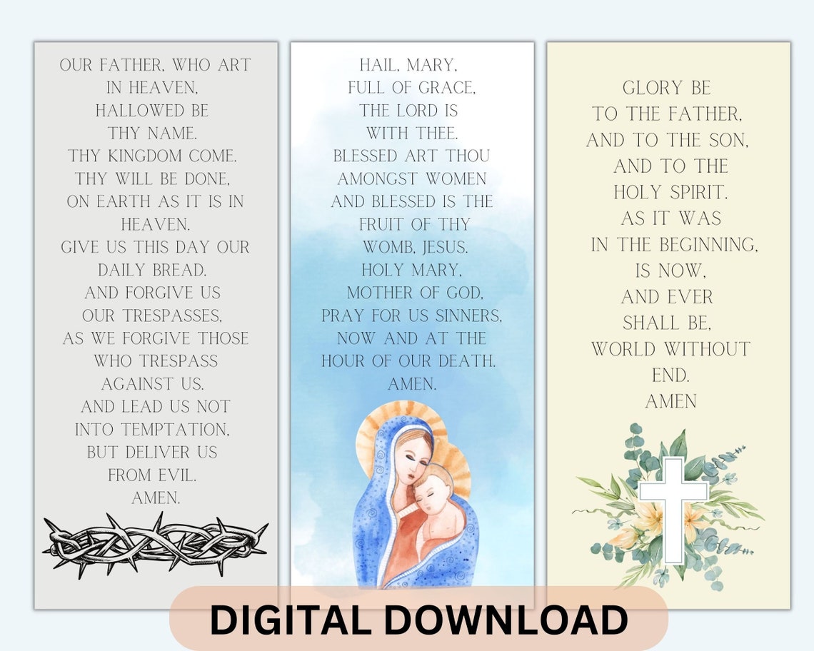 Printable Prayer Bookmarks, Hail Mary Our Father and Glory Be Digital ...