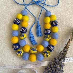 Felted Wool Necklace Blue Yellow | Handmade Beaded Statement Jewelry | Ukrainian Folk Ethnic Gift