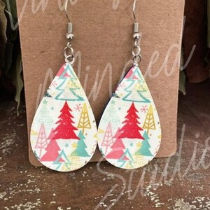 Cute Pastel Christmas Tree Teardrop Sublimation Earrings