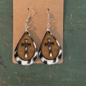 Cowhide Western Cross Teardrop Sublimation Earrings