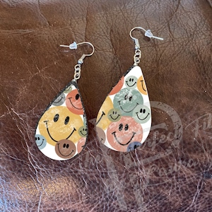 Smiley Face Retro Distressed Cute Teardrop Sublimation Earrings