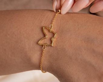 Dainty 14K Solid Gold Butterfly Bracelet, Minimalist Charm Valentines Day Gift