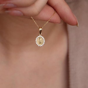 Divine 14k Solid Gold Virgin Mary Pendant, Dainty Real Gold Virgin Mary Oval Necklace, Catholic Virgin Mary Charm Jewelry, Gift for Her