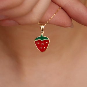 14k Real Gold Strawberry Necklace,14K Solid Gold Strawberry Pendant Dainty Gold Strawberry Charm Necklace, Handmade Gold Strawberry Jewelry