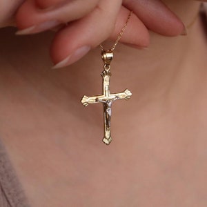 Divine 14k Solid Gold Cross Necklace featuring Jesus Christ Charm, Dainty 14k Gold Cross Pendant with Jesus Charm, Christian Jewelry