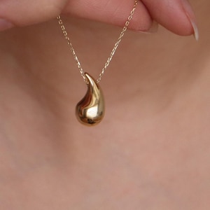 14K Solid Gold Teardrop Necklace, Real Handmade Gold Dome Teardrop Pendant,Dainty Teardrop Charm Jewelry, Chunky Drop Pendant, Gift for Her