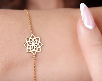14K Solid Gold Mandala Bracelet, Handmade Spiritual Jewelry Valentines Day Gift
