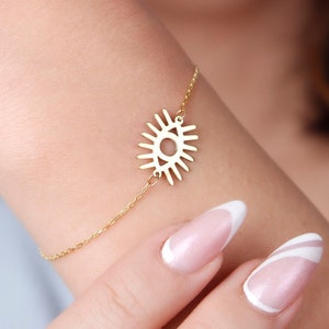 14K Solid Gold Evil Eye Bracelet, 14K Real Gold Protection Charm Bracelet for Women,14K Gold Eye Jewelry, Amulet Bracelets, Christmas Gifts