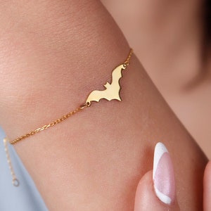 Bat Bracelet in 14K Solid Gold,14K Real Gold Bat Charm Bracelet, Bat Jewelry, Gothic Bat Bracelet, Gold Bat Lover Bracelet, Halloween Gifts