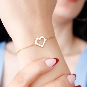 Pulsera de corazón simple en oro macizo de 14 quilates, pulsera de corazón abierto de oro real, pulsera de corazón flotante, joyería de muestra de amor, joyería de corazón delicado