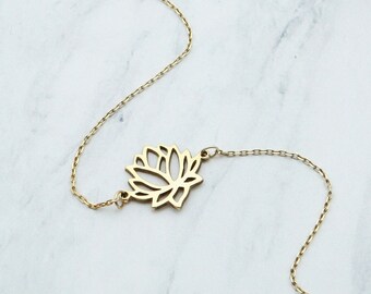 14K Solid Gold Lotus Flower Bracelet, Handmade Yoga Minimalist Jewelry