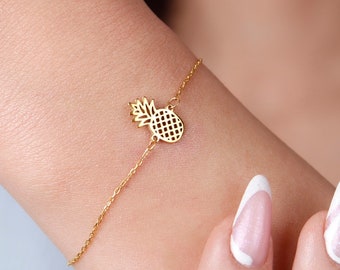14K Solid Gold Pineapple Charm Bracelet, Tropical Jewelry Valentines Day Gift