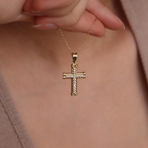14k Echtgold Strukturierte Kreuz Halskette, Kreuz Charm Anhänger, 14K Massivgold 3D Kreuz Anhänger, Glaube Anhänger, Taufe Kreuz, christlichen Schmuck