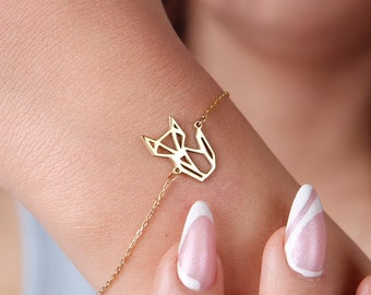 14K Solid Gold Fox Bracelet, Origami Animal, Geometric Jewelry Valentines Day Gift
