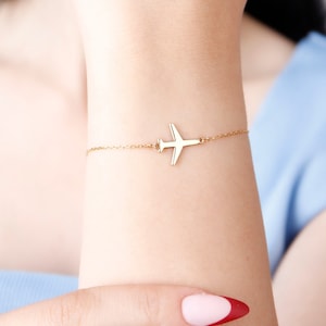 14K Solid Gold Flugzeug Bettelarmband, Flugzeug Schmuck, Echt Gold Flugzeug Armband, 925K Silber Reisearmband, Geschenk oder Pilot