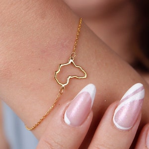 Pulsera de África en oro macizo de 14 quilates, pulsera con mapa de contorno de oro real, pulsera con mapa de África, pulsera con dije de mapa, pulsera de viaje, regalos de Navidad