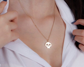 14K Solid Gold Skull Necklace, Dainty Gothic Pendant Valentines Day Gift