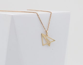 14K Solid Gold Paper Airplane Necklace, Airplane Jewelry, Origami Charm Pendant, Gold Travel Jewelery, Hostess Gifts, Mothers Day Gifts