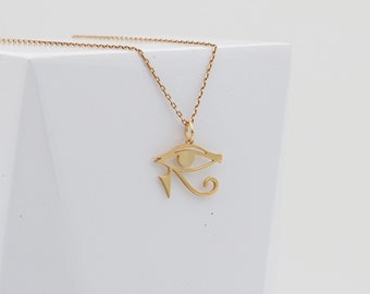 14K Solid Gold Eye of Horus Pendant Necklace, Spiritual Protection Jewelry Valentines Day Gift