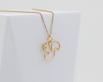 14K Solid Gold Squirrel Charm Necklace, Real Gold Squirrel Outline Pendant, Animal Jewelry,Squirrel Pendant,Woodland Necklace,Squirrel Lover