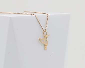 14K Solid Gold Kolibri Anhänger Halskette, Zierliche Vogel Schmuck Valentinstag Geschenk