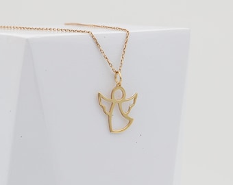 14K Solid Gold Angel Necklace, Guardian Angel Pendant, Good Luck Charm Valentines Day Gift