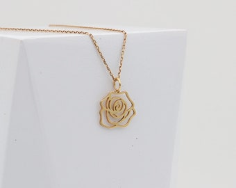 14K Solid Gold Rose Flower Necklace, Dainty Flower Pendant, Rose Charm Jewelry, Real Gold Floral Necklace for Women, Christmas Necklaces
