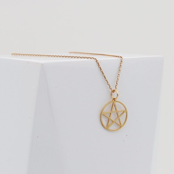 14K Solid Gold Pentagram Necklace, Pentacle Charm, Pentagram Jewelry, Real Gold Mystic Symbol  Pentagram Pendant, Mothers Day Gifts