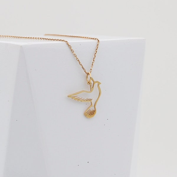 14K Solid Gold Pigeon Necklace, Real Gold Pigeon Pendant, Dainty Dove, Gold Bird Jewelry, Olive Bird Charm, Peace Necklace,Mothers Day Gifts