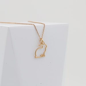 14K Solid Gold Rabbit Necklace, Outline Bunny Pendant, Animal Gold Jewelry, Rabbit Pendant, Name Bar Necklace, Gold Rabbit Charm