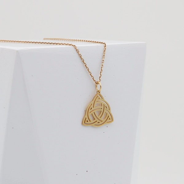 14K Solid Triquetra Celtic Symbol Necklace, Real Gold Triquetra Pendant, Dainty Triple Knot Charm Necklace,Mystic Knot Jewelry, Mystic Charm