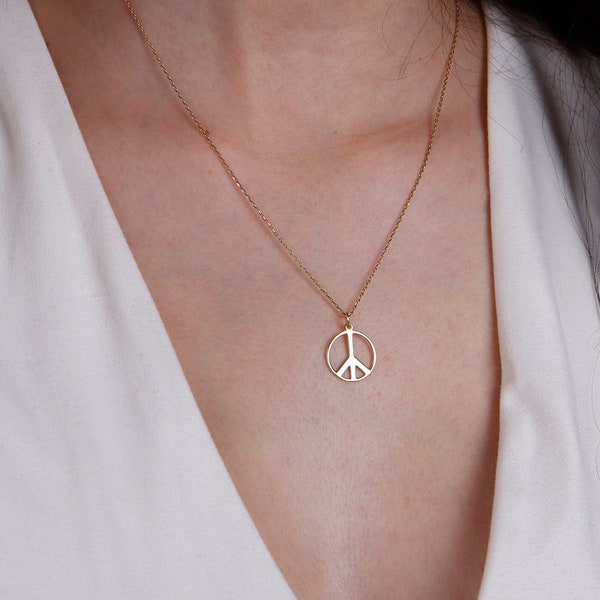 14K Gold Peace Symbol Necklace, Real Gold World Peace Charm, Symbolic Necklace,Hippie Jewelry, Spiritual Yoga Gift, Mothers Day Gifts