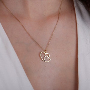 Heart Necklace in 14k Solid Gold, Intertwined Heart Necklace, Double Heart Pendant, Love Necklace, Nameplate Necklace, Couple&#39;s Gift