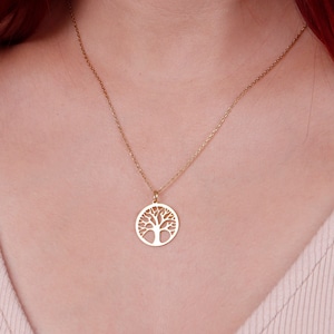 Colar de árvore da vida de ouro maciço 14K, pingente de árvore genealógica de diamante, presente para mãe, colar de barra de nome, colar de pingente de árvore de ouro para mulheres