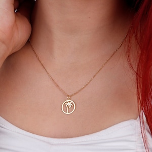 Collar de palmera de oro macizo de 14 quilates, delicado colgante circular de palmera de oro auténtico, joyería de palmera, collar con nombre personalizado, collar con dije de palmera