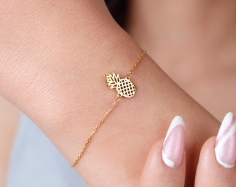 14K Gold Pineapple Charm Bracelet, Hawaiian Jewelry Valentines Day Gift