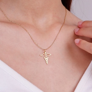 14K Solid Gold Caduceus Necklace, Caduceus Symbol of Medicine Charm Real Gold Pendant, Nurse Pendant, Christmas Necklaces